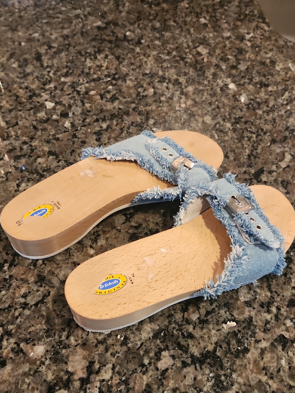 Dr. Scholl's Light Blue Frayed Denim Slide Mules